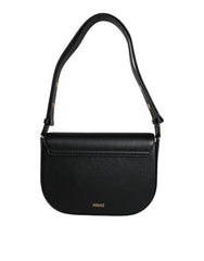 Bolsa de ombro transversal com logotipo em couro de bezerro granulado preto Versace