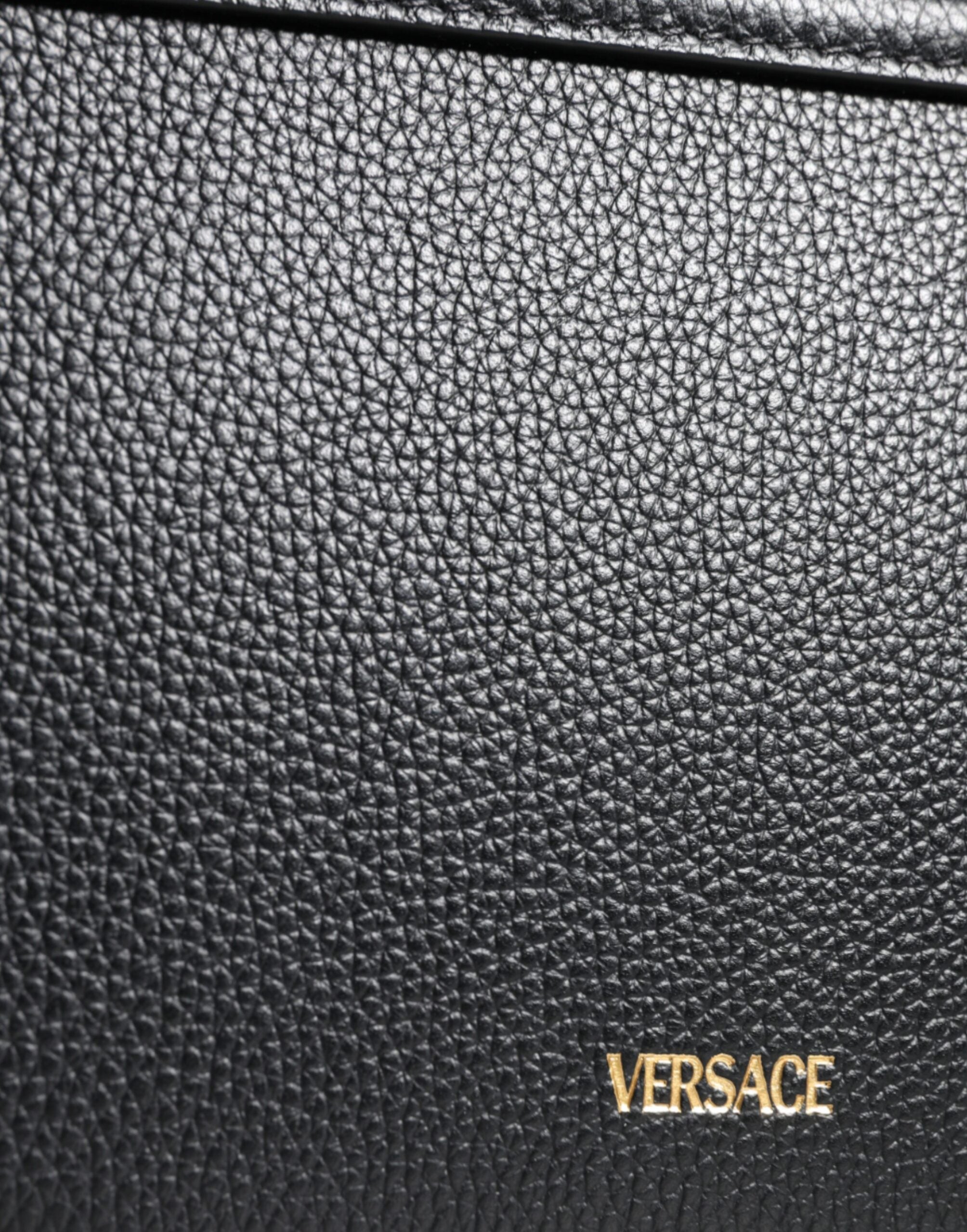 Bolsa de ombro transversal com logotipo em couro de bezerro granulado preto Versace