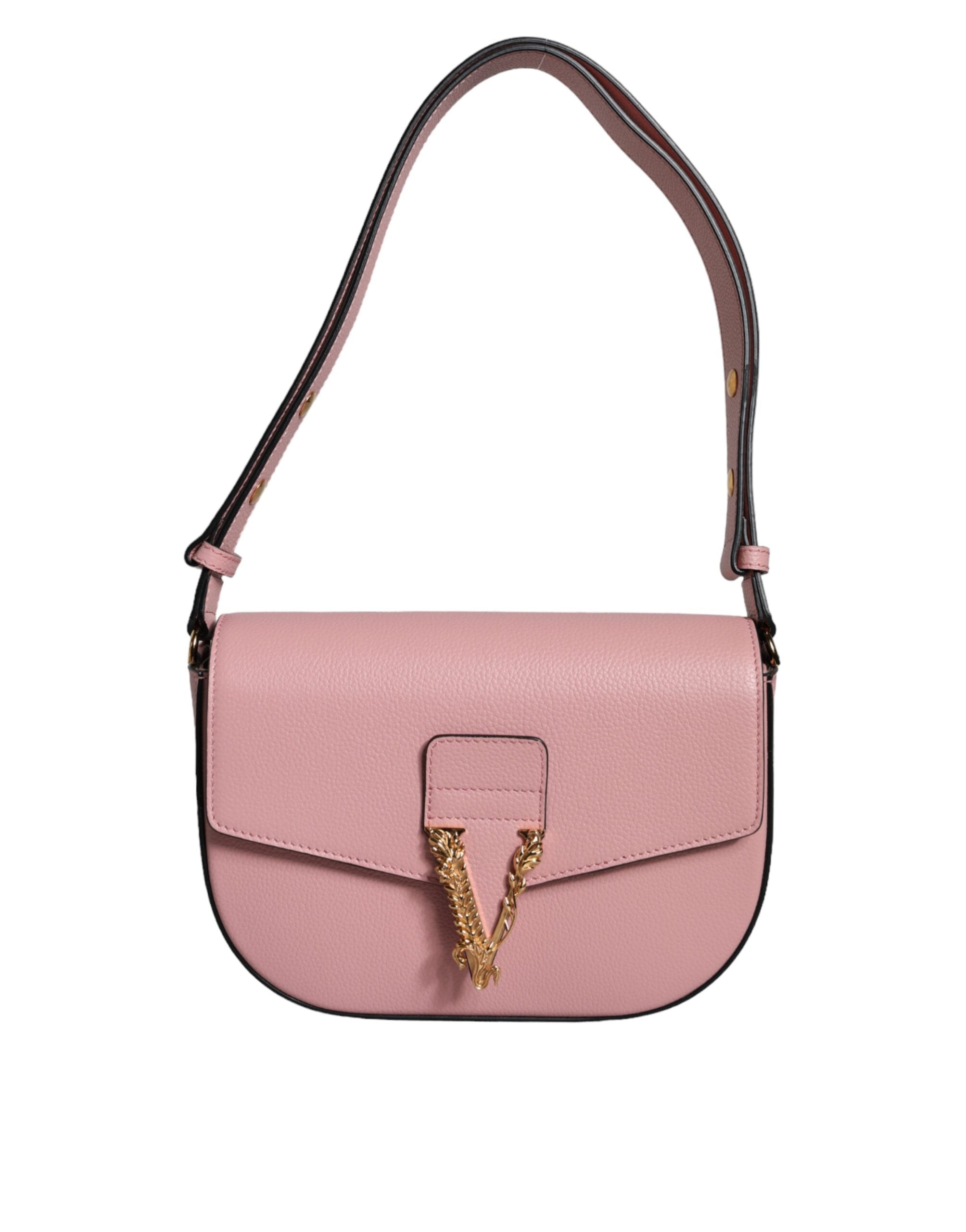 Bolsa de ombro transversal com logotipo em couro de bezerro granulado rosa Versace