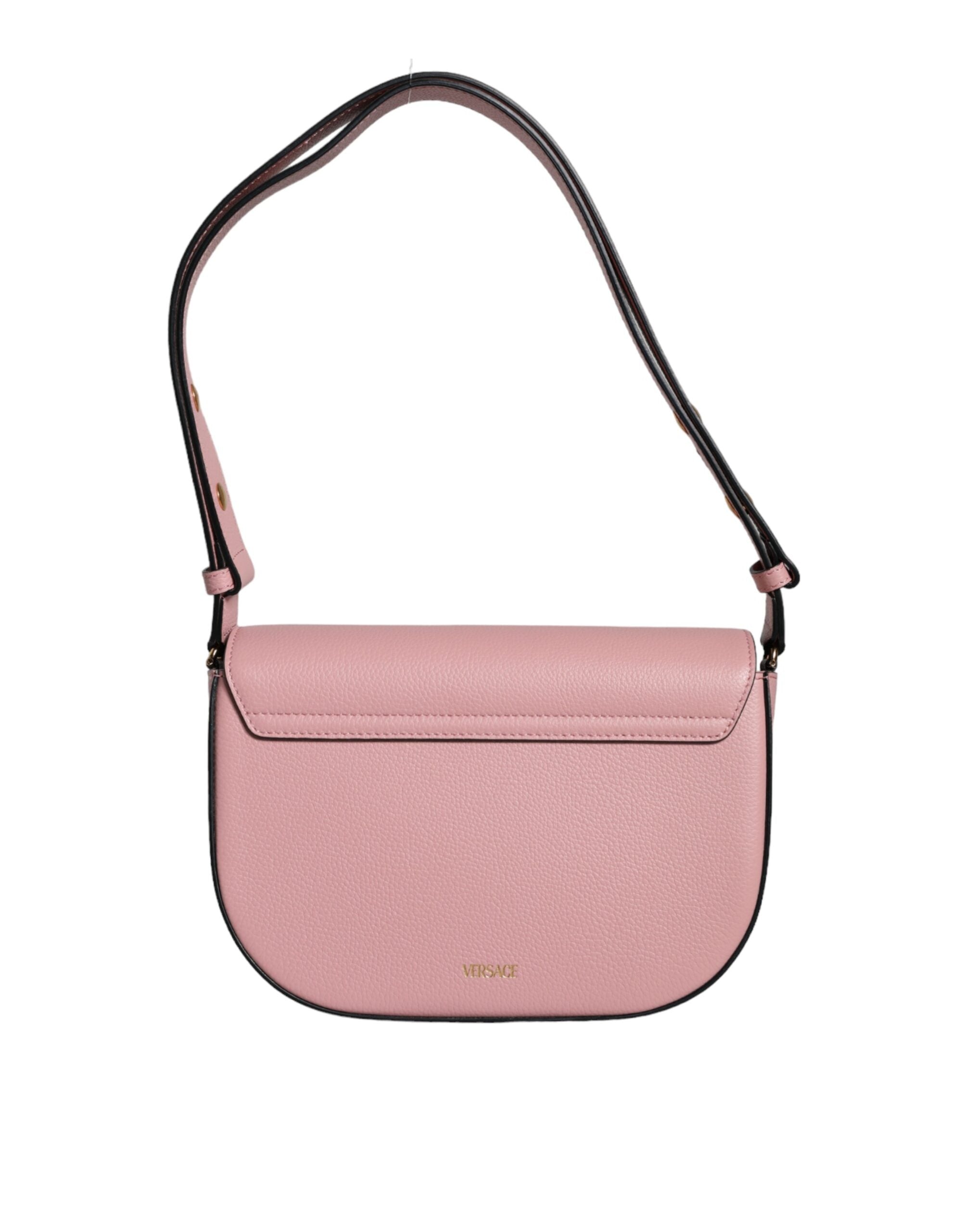Bolsa de ombro transversal com logotipo em couro de bezerro granulado rosa Versace