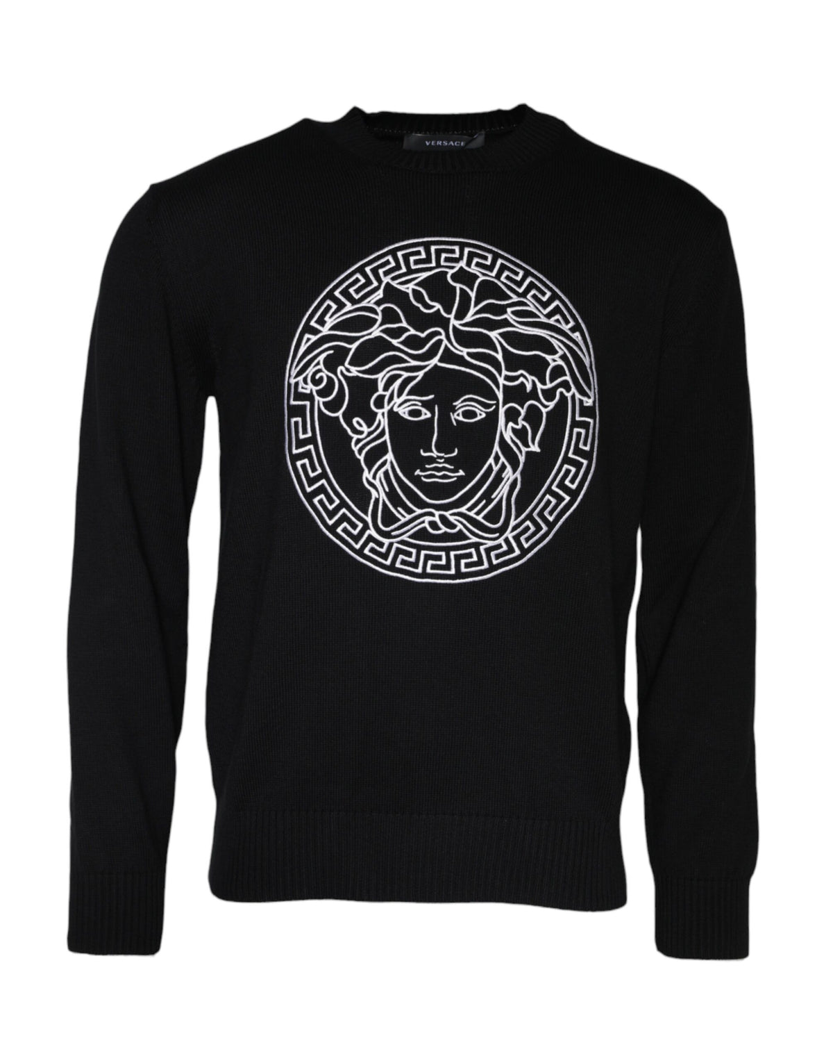 Suéter Versace Preto com Bordado Medusa e Gola Redonda