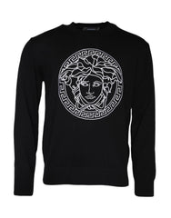 Suéter Versace Preto com Bordado Medusa e Gola Redonda
