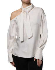 Blusa Brunello Cucinelli de seda bege com gola Ascot e mangas compridas