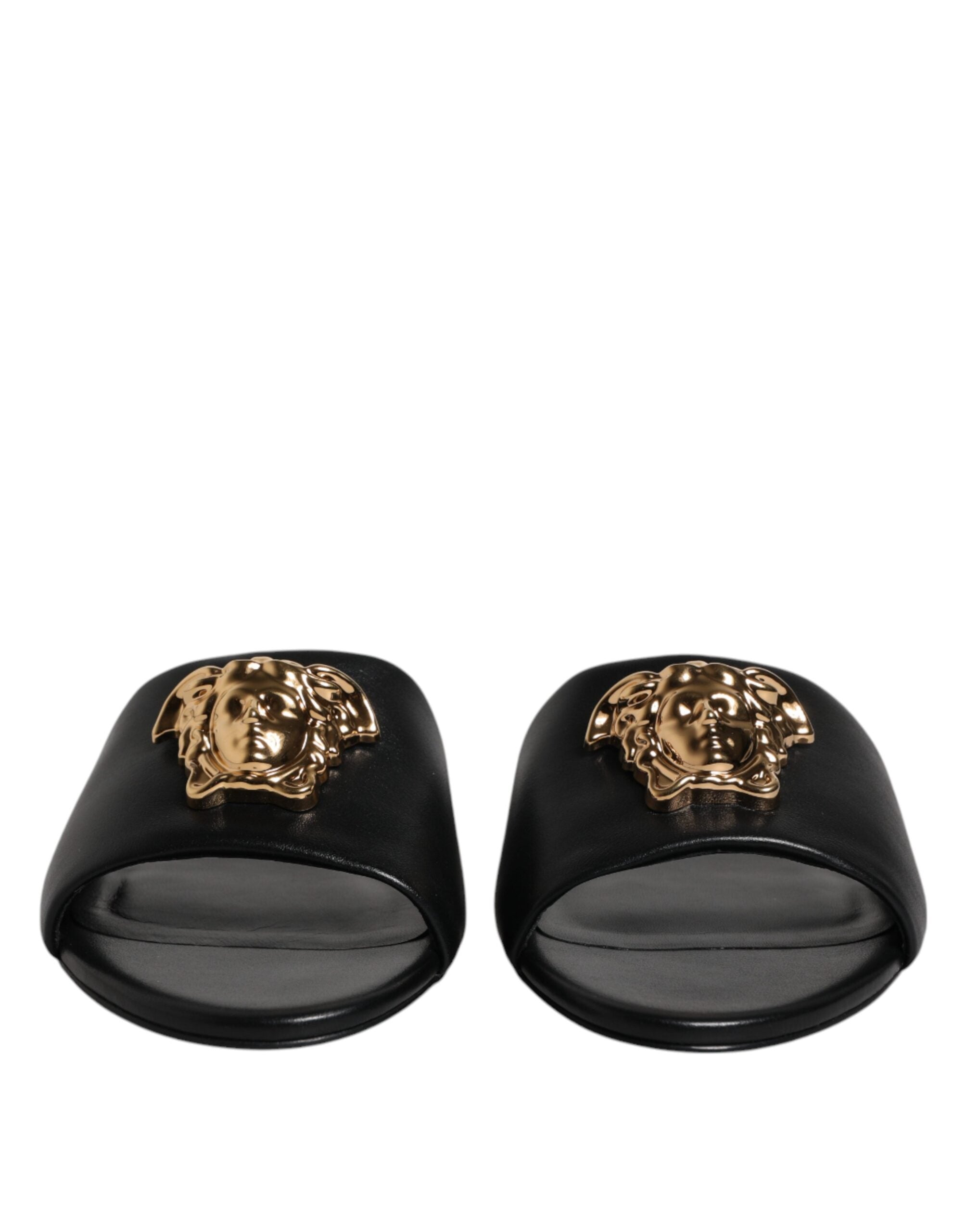 Versace Preto Couro Logo Placa Slip On Sapatos Flats