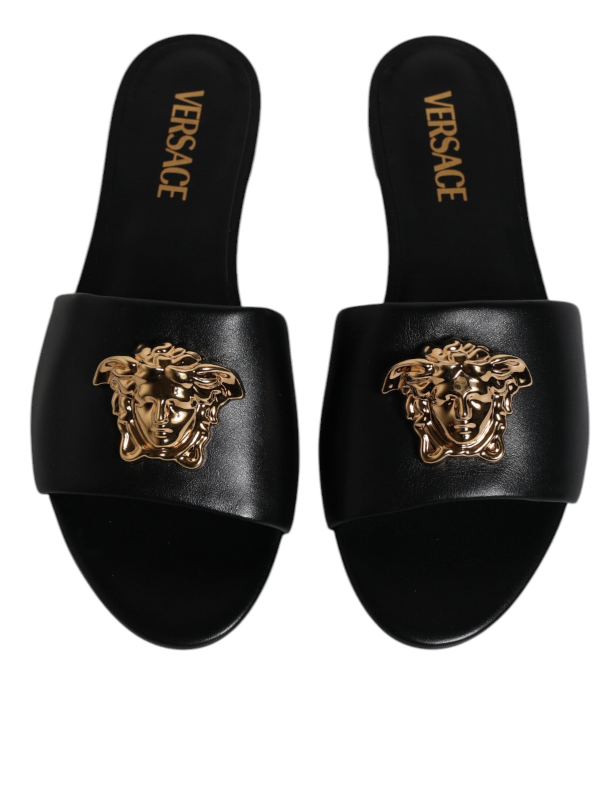 Versace Preto Couro Logo Placa Slip On Sapatos Flats