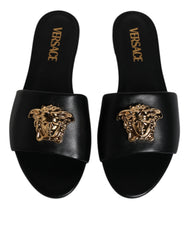 Versace Preto Couro Logo Placa Slip On Sapatos Flats