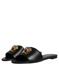 Versace Preto Couro Logo Placa Slip On Sapatos Flats