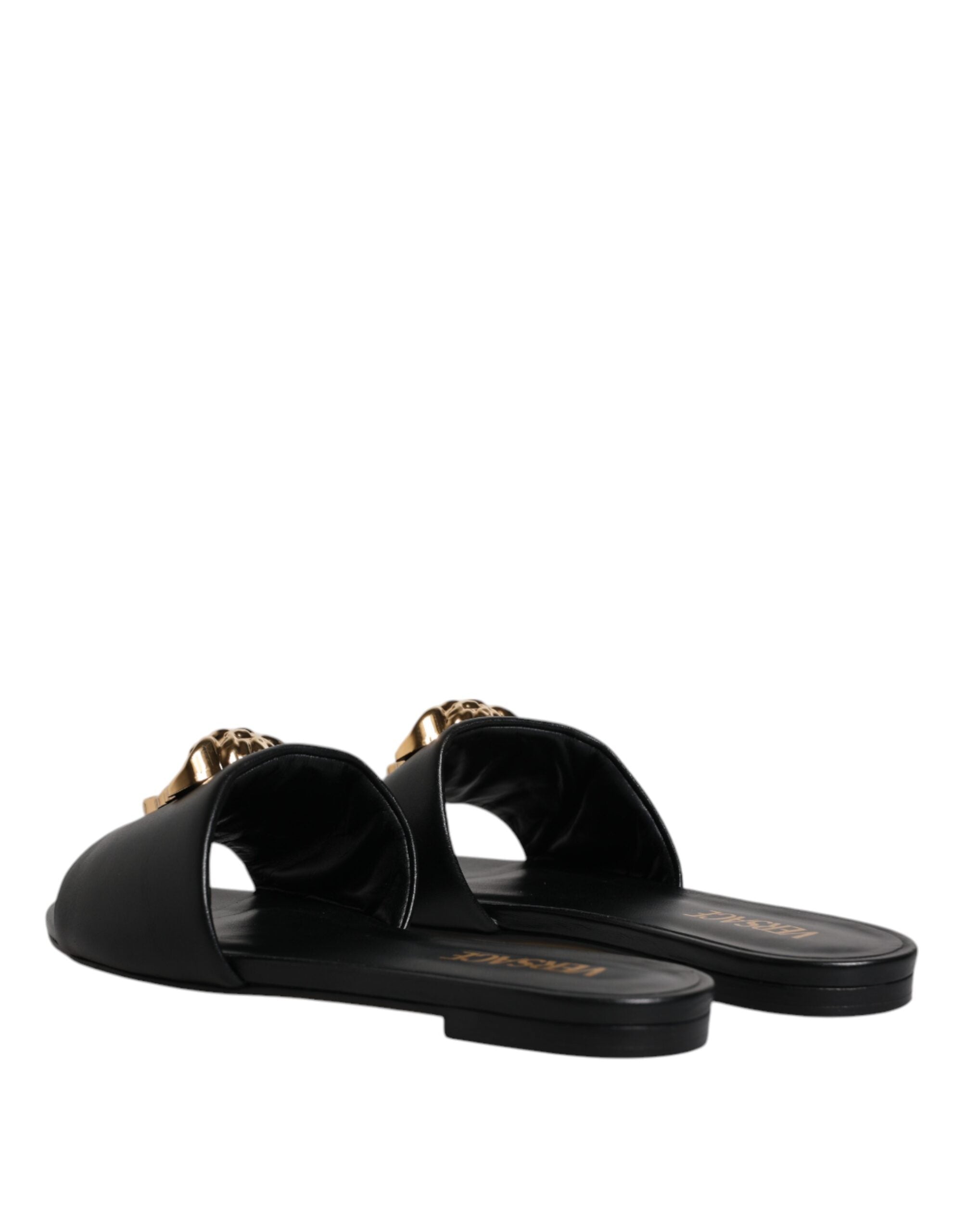 Versace Preto Couro Logo Placa Slip On Sapatos Flats