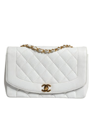 Bolsa de ombro Chanel branca média clássica DIANA banhada a ouro