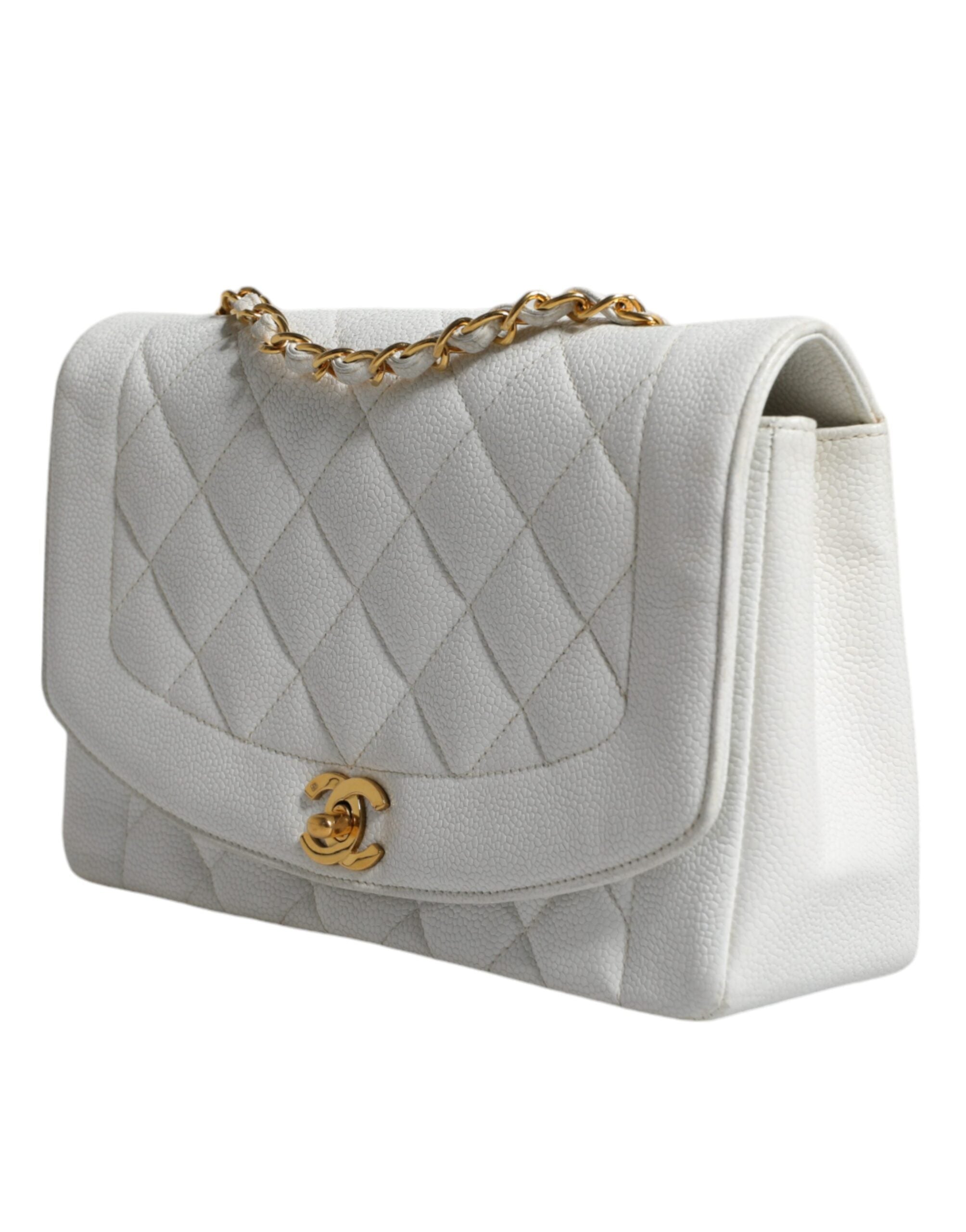 Bolsa de ombro Chanel branca média clássica DIANA banhada a ouro