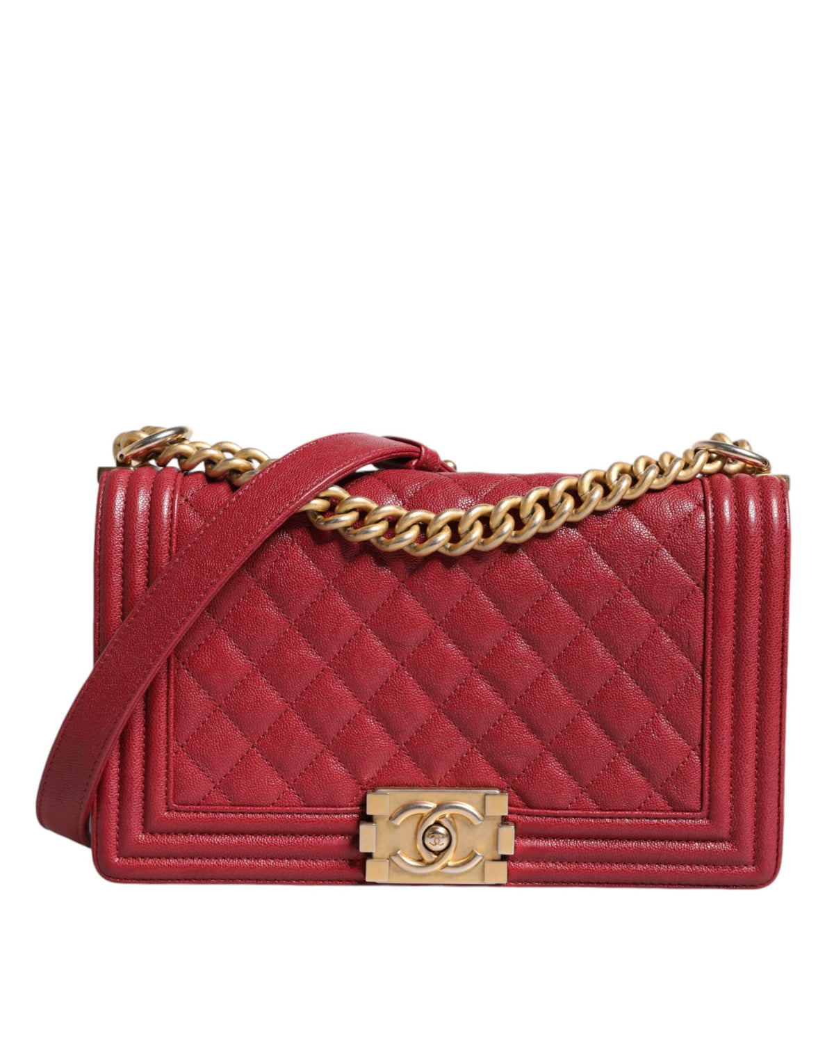 Bolsa de ombro média Chanel em couro de cordeiro vermelho com corrente dupla dourada