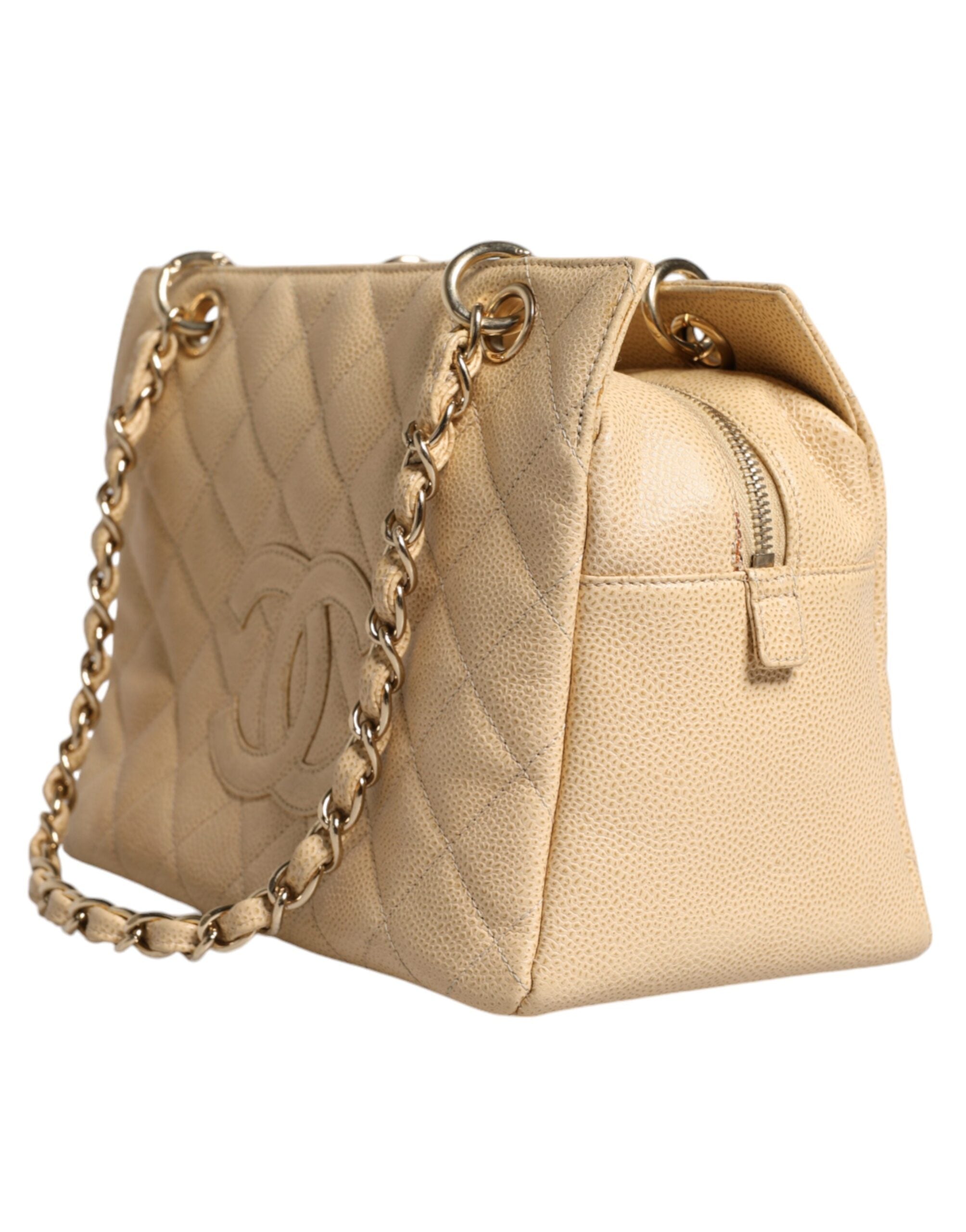 Bolsa Chanel Bege Caviar De Coco em Couro com Corrente