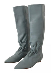 Valentino Azul Couro Elástico Flats Botas de Cano Alto