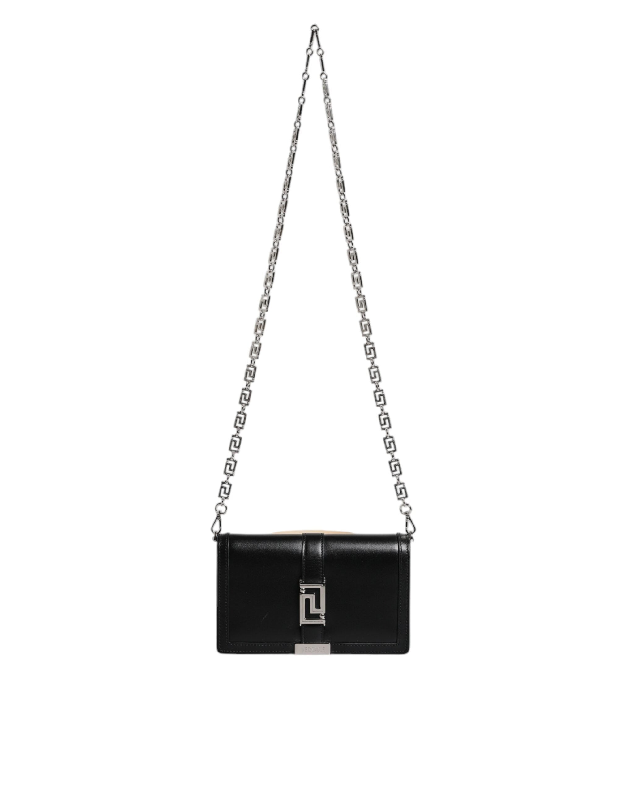 Bolsa transversal de ombro com alça de corrente em couro de bezerro preto Versace
