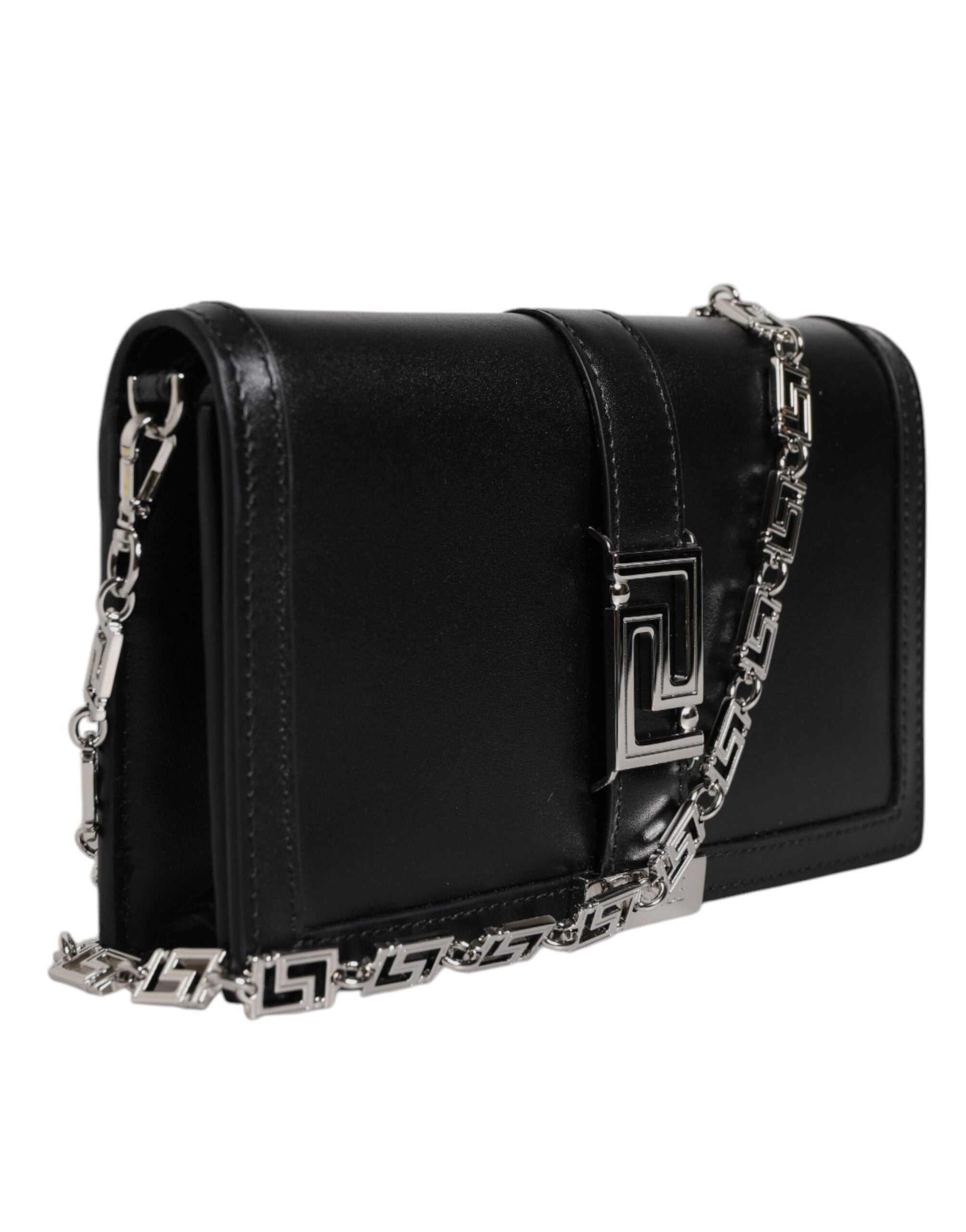 Bolsa transversal de ombro com alça de corrente em couro de bezerro preto Versace