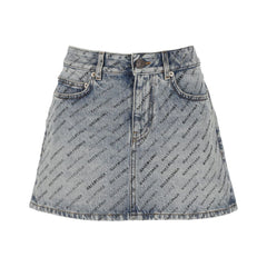 Saia jeans com estampa de logotipo da Balenciaga